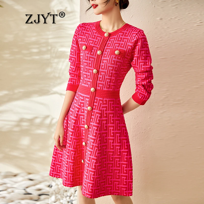 

ZJYT Women's Long Sleeve Knitting Sweater Dresses Geometric Pattern Buttons Knitwears Spring Vintage Dress Basic Vestidos Robe