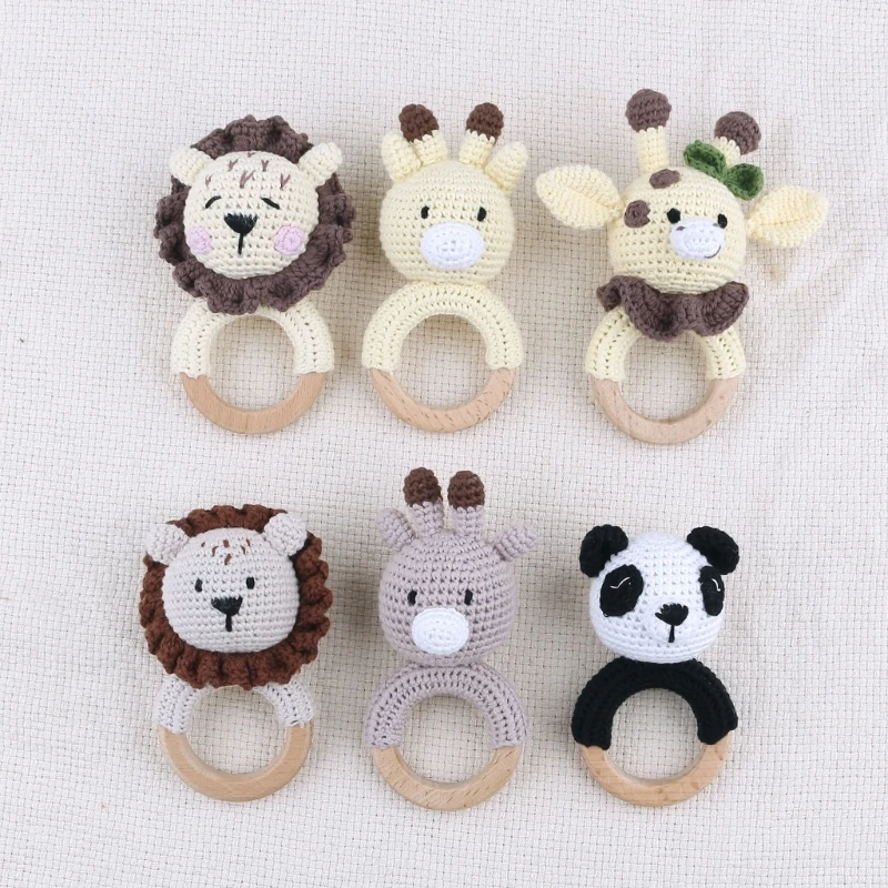 

Crochet Teether Toy Rattle for Baby Forest Friend Handmade Amigurumi Crochet Bunny Panda- on Natural Wooden- Teething