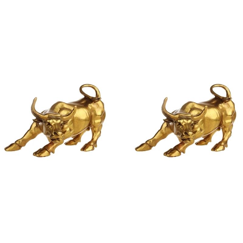 

2X Feng Shui Fortune Brass Bull Statue, Sculpture Home Decoration Golden Copper Bull Represents Good Luck Of Career