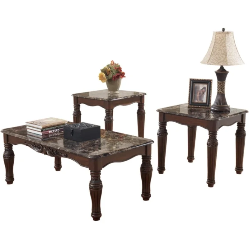 

Signature Design by Ashley North Shore Traditional Faux Marble 3-Piece Table Set, Includes Coffee Table and 2 End Tables, Dark B