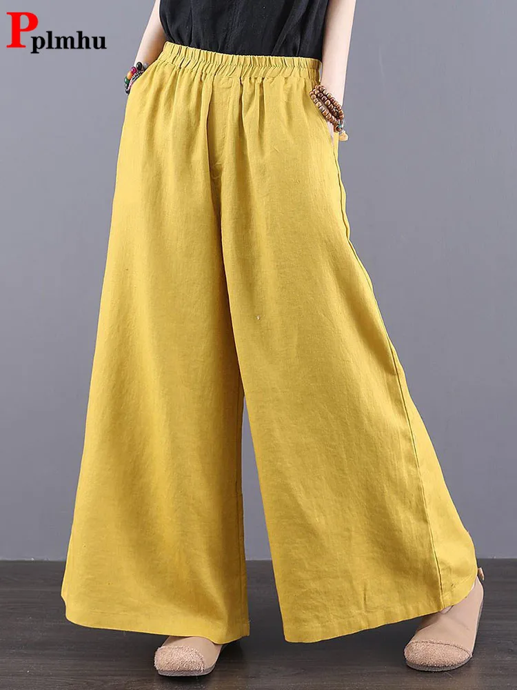 

Baggy Womens Wide Leg Pants Vintage Thin Cotton Linen Culotte High Waist Fashion Ankle-length Pantalones Casual Oversize Trouser