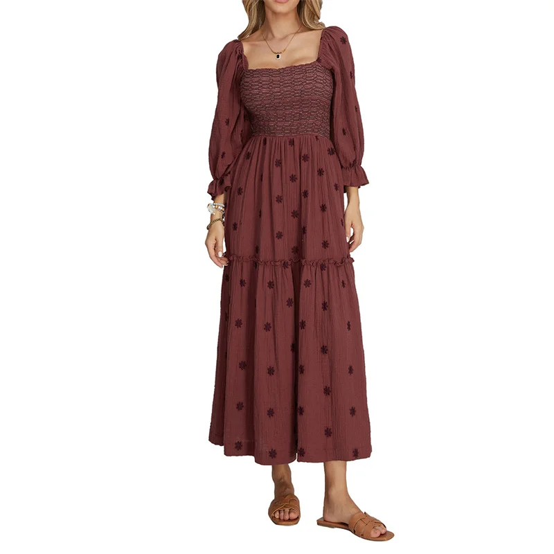 Vintage 3D Embroidered Flower Dresses Women Elegant Party Clothes Fall Long Sleeve Square Neck Backless High Waist Dress Holiday 
Vintage 3D Embroidered Flower Dresses Women Elegant Party Clothes Fall Long Sleeve Square Neck Backless High Waist Dress Holiday