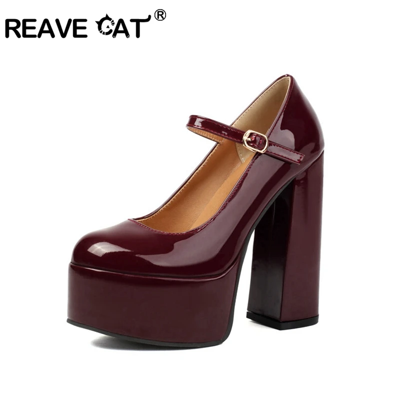 

REAVE CAT 2024 New Mary Janes Women Pumps Shoes Round Toe 14cm Thick Block Heel 5cm Platform Patent Leather Buckle Big Size 41 4
