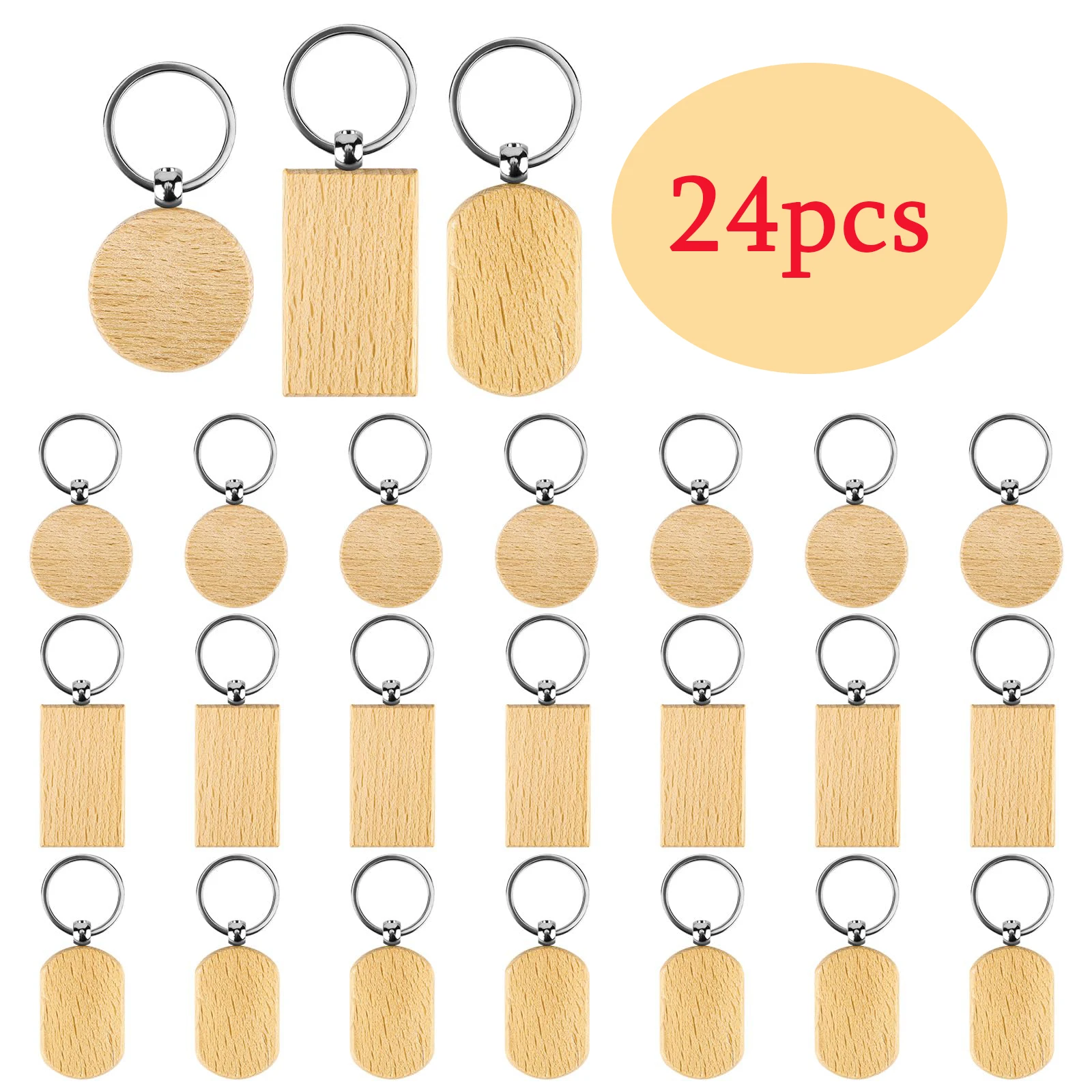 

24pcs Wood Engraving Blanks Tags Keychains Keyrings with Wooden Pendants Wood Accessories Gift