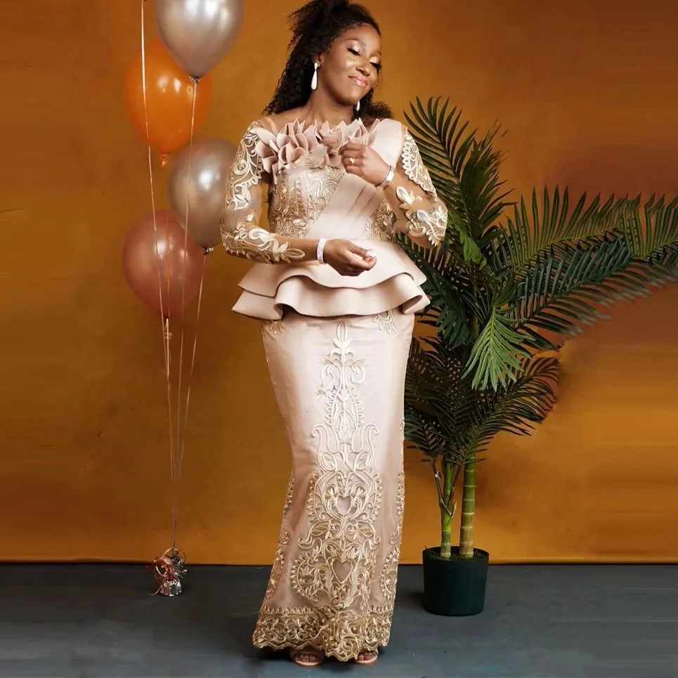 

Розовое золото, Африканское платье-Русалка для выпускного вечера 2023 Aso Ebi, стильное кружевное официальное женское платье с длинным рукавом, женское платье, индивидуальное платье