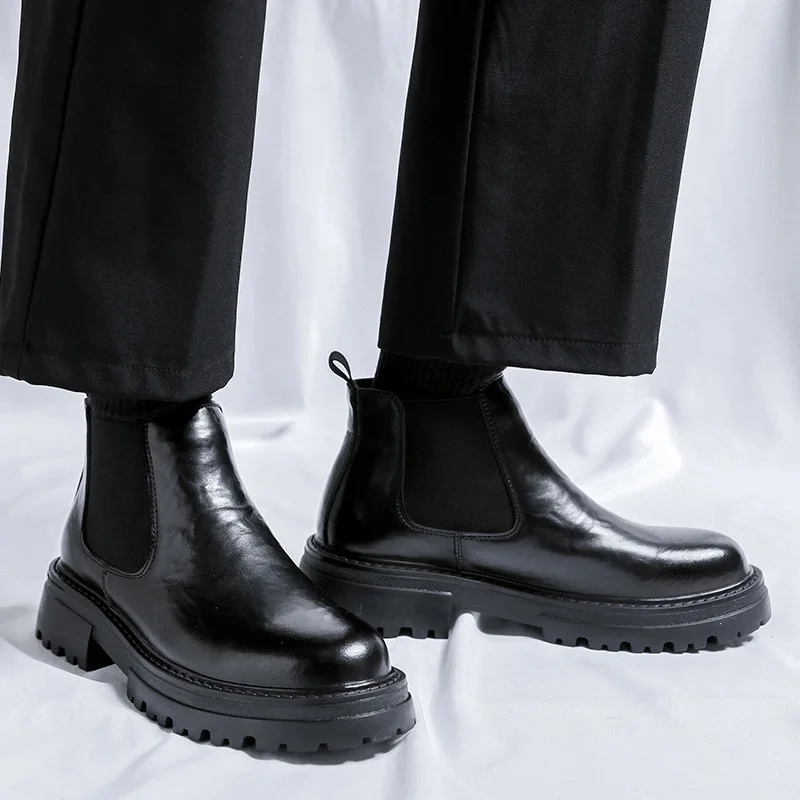 

men's casual chelsea boots black brown platform shoes business office dress cowboy ankle boot handsome genuine leather botas man