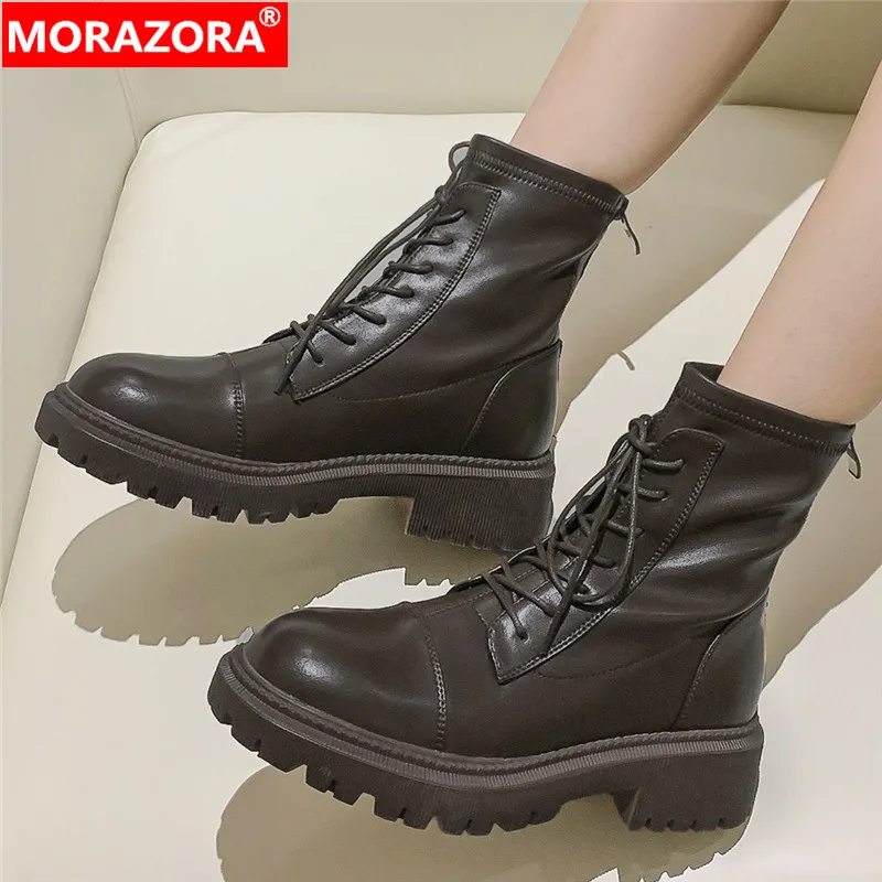 

MORAZORA 2022 New Arrive Genuine Leather Zipper Modern Boots Women Winter Ankle Boots Thick Med Heels Fashion Shoes