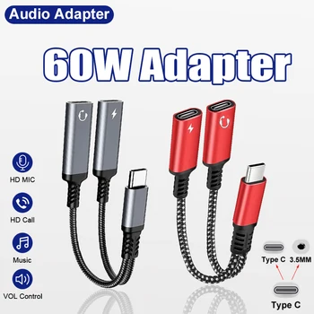 60W PD OTG 2 IN 1 USB C Splitter to Dual USB Type C Audio Headphone For iPhone 15 Galaxy S23 Huawei Xiaomi Fast Charger Adapter