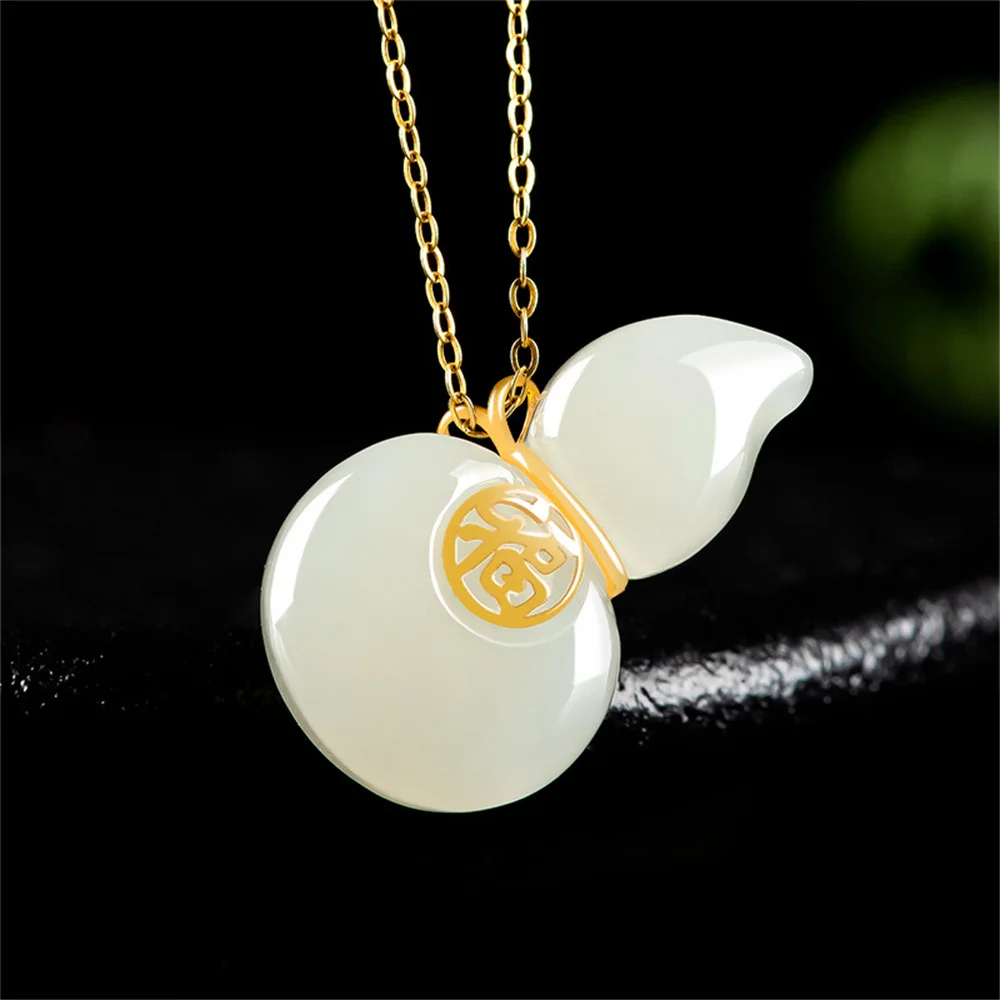 

18K Gold Natural White HeTian Jade Carved Fortune Fu Cucurbit Lucky Pendant Amulet Necklace Certificate Luxury Jade Jewelry