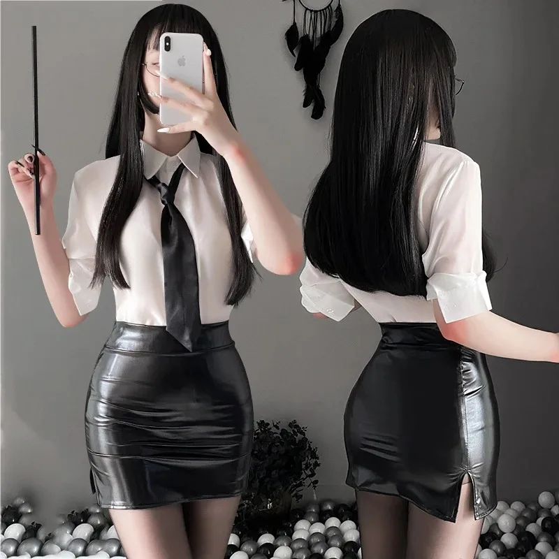 

Leather Tight Skirt Office Lady Uniform Sexy Lingerie Teacher Cosplay Women Secretary Costume Porn Role Play Dress Underwear Set