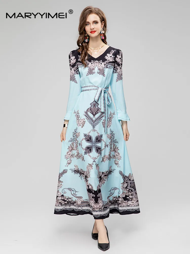 MARYYIMEI Autumn Polyester Temperament Commuter Plant Print Long Sleeve V-Neck Waist Lace-Up Sky Blue Dress 
MARYYIMEI Autumn Polyester Temperament Commuter Plant Print Long Sleeve V-Neck Waist Lace-Up Sky Blue Dress
