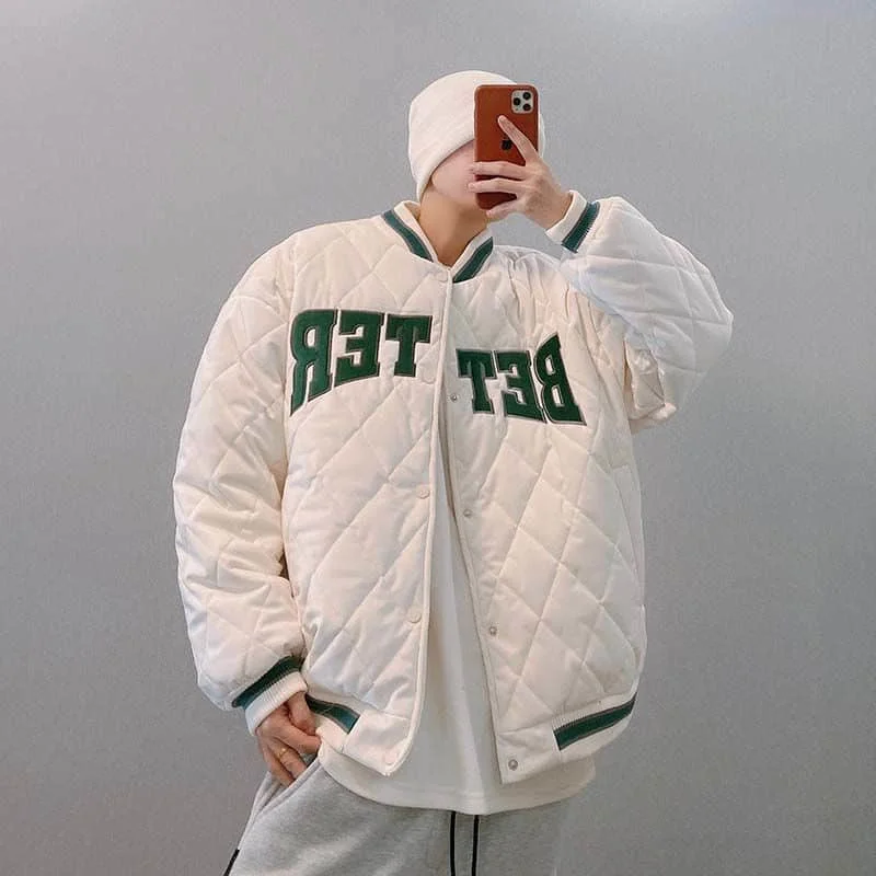 

Baseball Collar Cotton Jacket Men Winter Diamond Check Coat Korean Trend Couple Wear Padded Thicken Warm High Street Tops