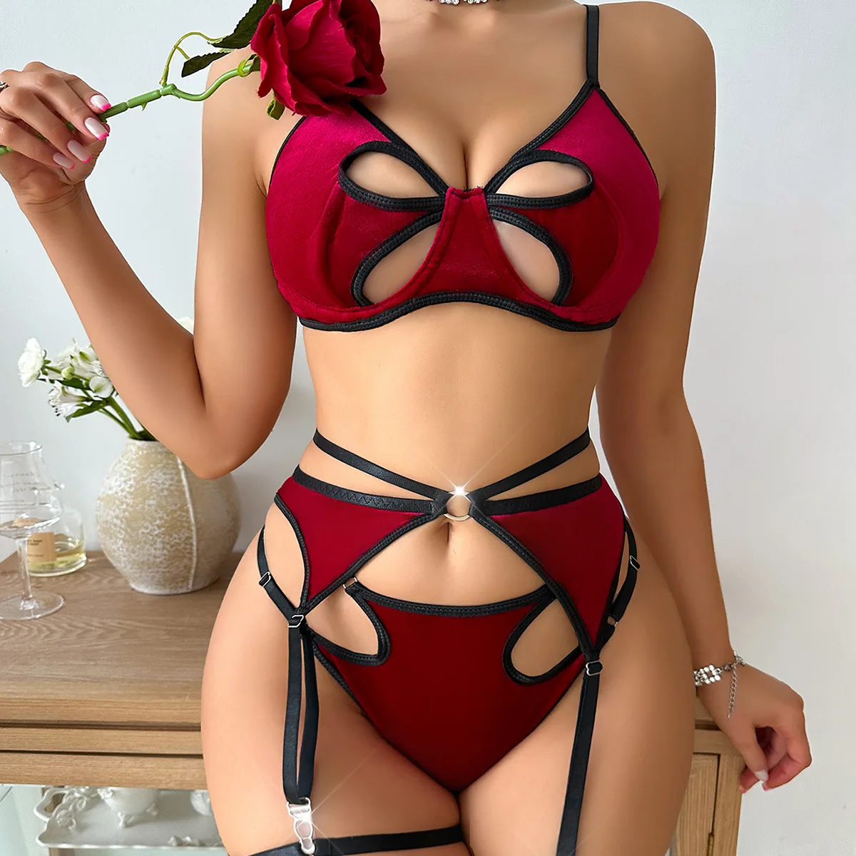 

SexeLakas Velvet Lingerie Sexy Red Hollow Out Sexy Erotic Underwear 3 Pieces Intimate Sensual Bilizna Set Luxury Club Sex Outfit