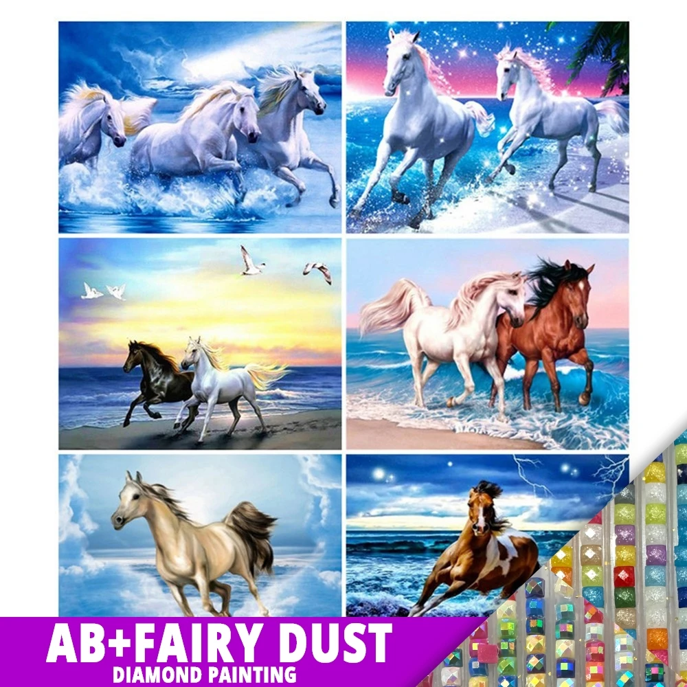 

Набор для алмазной вышивки AB Fairy Dust Diy 5d, картина с животными, с рисунком морского берега, белой лошади, семейный декор, подарок для хобби