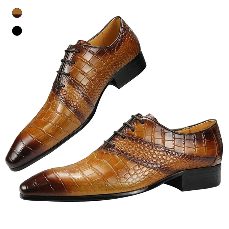 

Nice Men Brown Leather Oxford Dress shoes Pointed Toe Derby Wedding For Business Special design Crocodile Grain Genuine sapatos