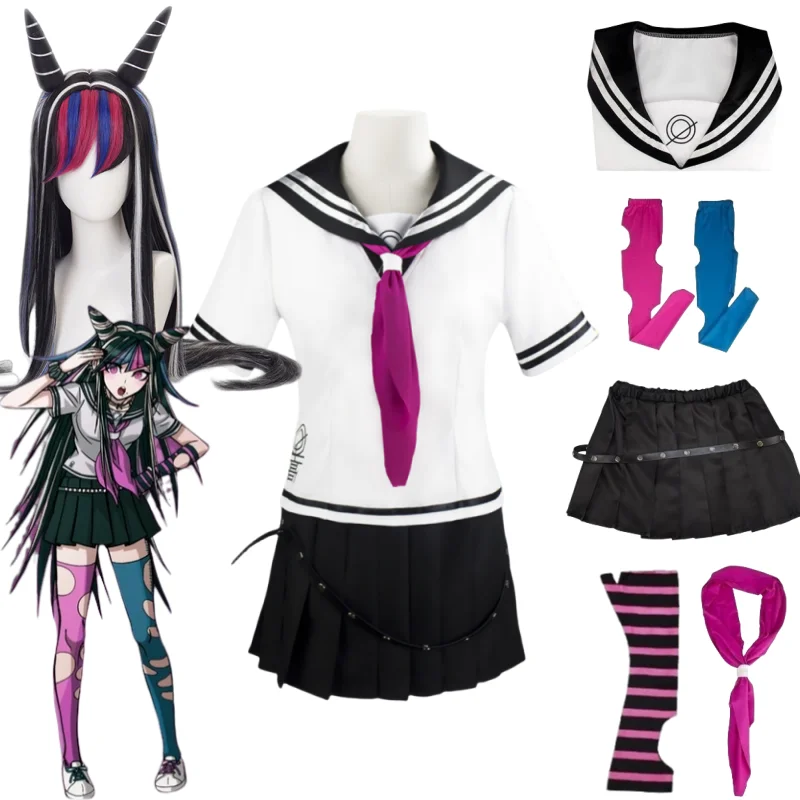 

Anime Danganronpa Mioda Ibuki Cosplay Costume Colorful Devil Horn Wig with JK Sailor Suit Outfits Halloween Carnival Clothing