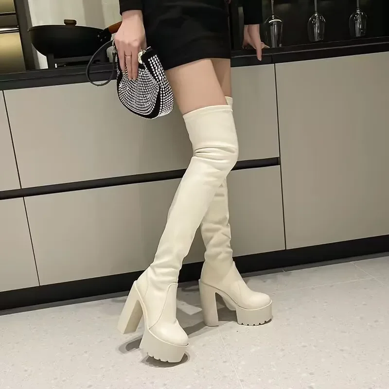 

Sexy Thigh High Boots Women Autumn Winter Elastic Leather Over-the-knee Boots For Women Black Heels Fetish Long Shoes zapatillas