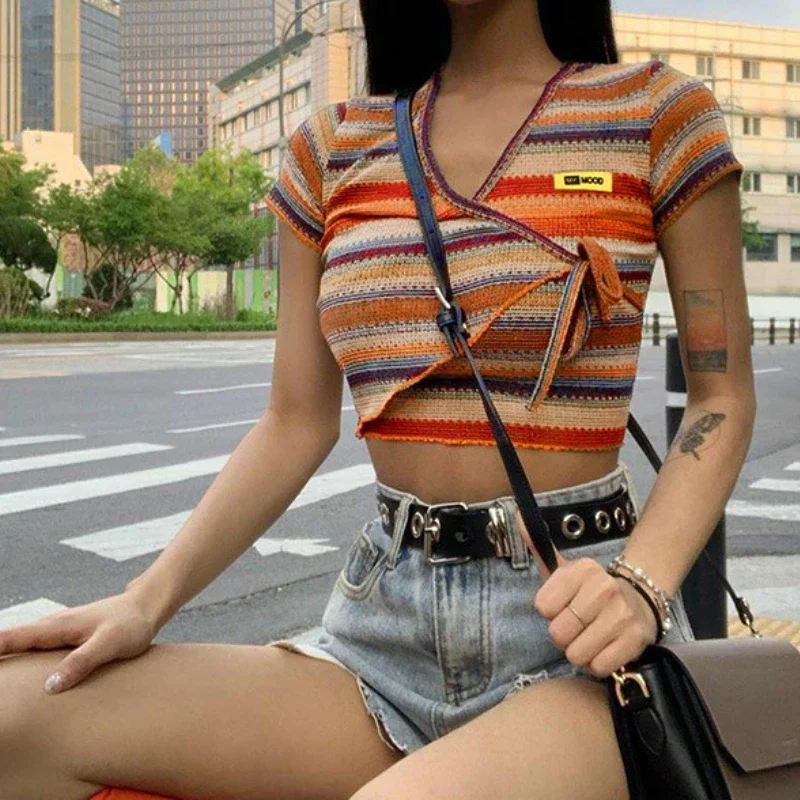 

Bandage All-Match Irregular Criss Cross Fashion Casual Crop T-Shirts Summer Women Short Sleeve V-Neck Multicolor Stripe Top