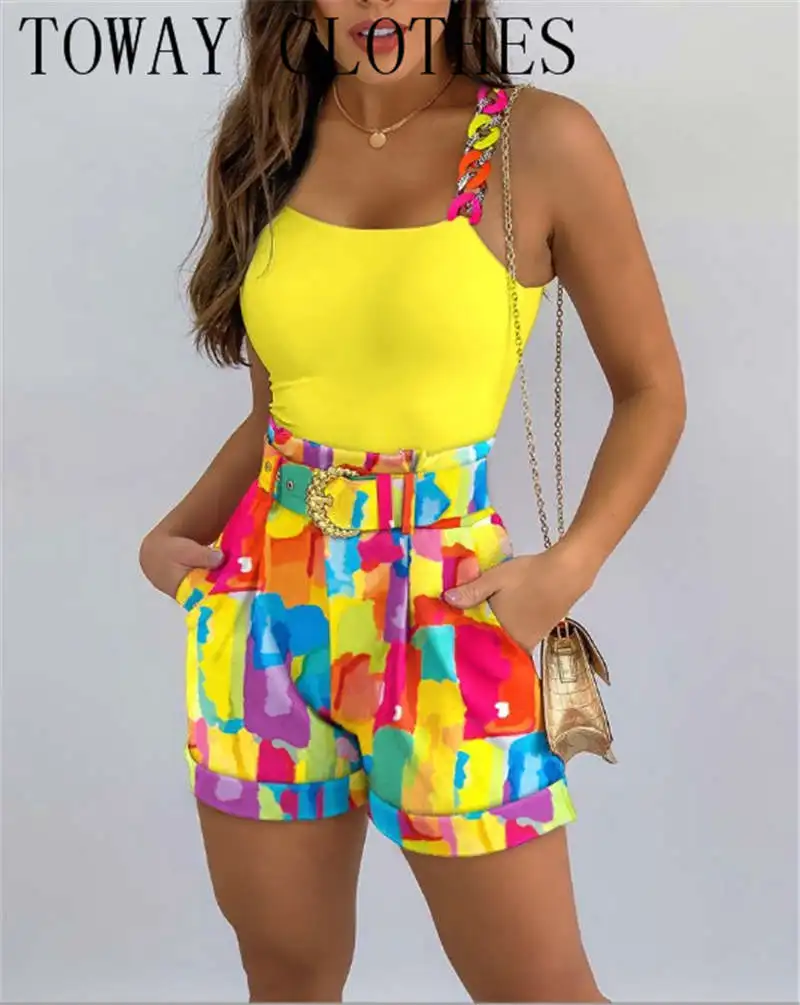 Set For Women 2023 Suit Plain Tank Top & Floral Print Shorts Set With Belt Summer Women Sexy Two Piece Suit Sets
Set For Women 2023 Suit Plain Tank Top & Floral Print Shorts Set With Belt Summer Women Sexy Two Piece Suit Sets