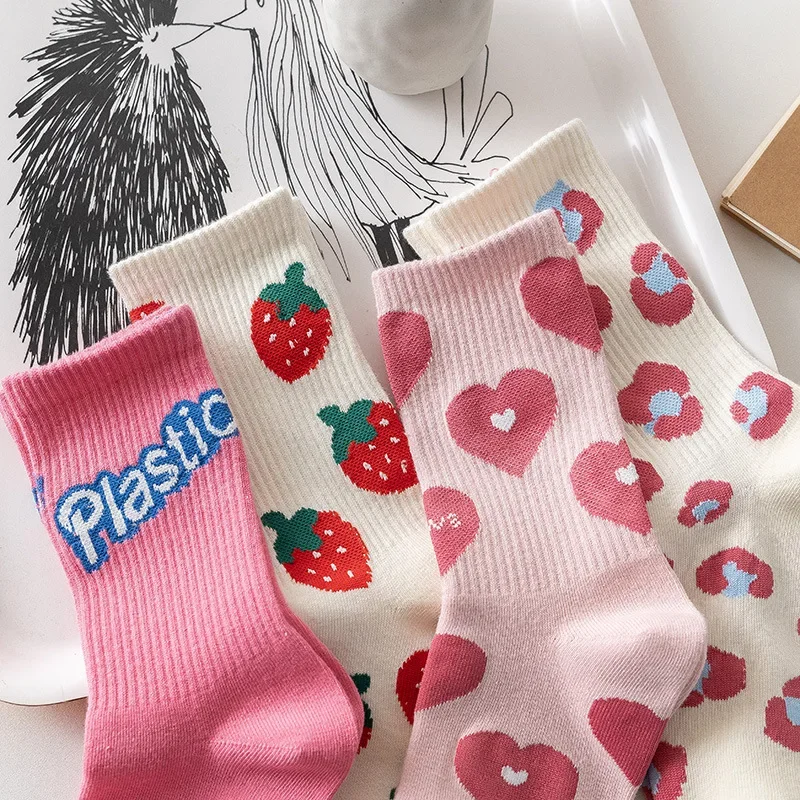 

Y2K Pink Love Socks Women Sweet Girls Casual Lovely Strawberry Cotton Middle Stocking Versatile Heart Tube Sock Trendy Long Sock