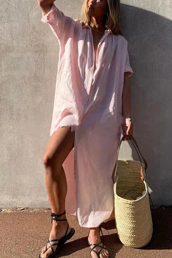 

Женское длинное платье-рубашка из хлопка и льна, белое элегантное свободное платье с отложным воротником, лето 2023