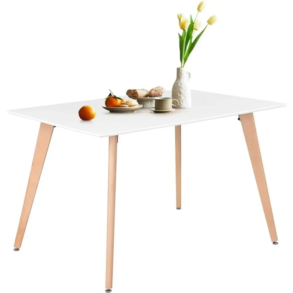 

Minimalist Rectangle Dining Table With Round Beech Wood Legs for Home Kitchen Living Room Corner Small Spaces Leisure White