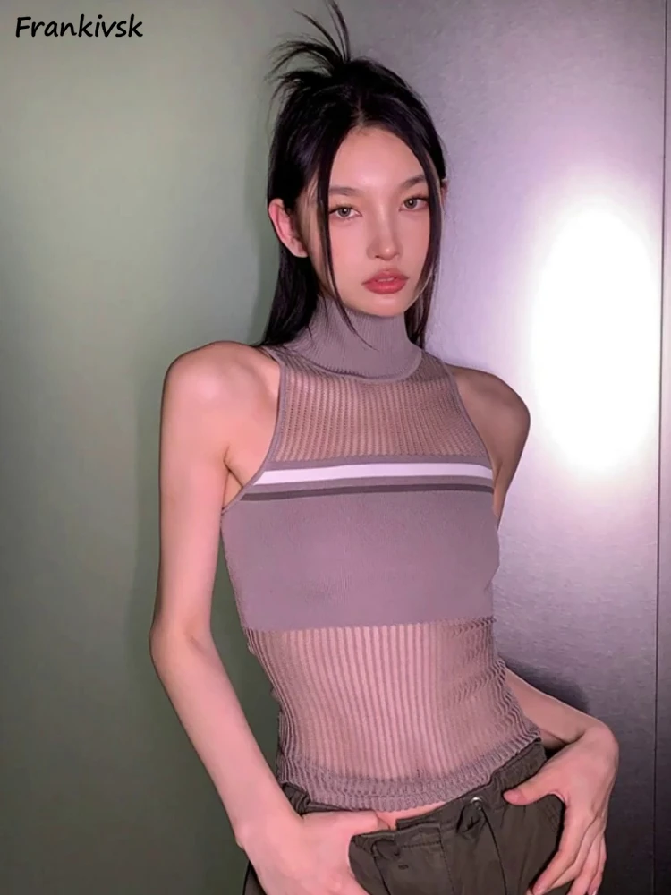 

Women Tanks Striped Hotsweet Perspective Summer Slim Sleeveless Spicy Girls Turtleneck Streetwear American Style All-match Y2k