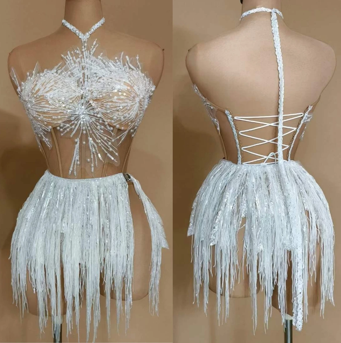 

White Snow Backless Sexy Fringe Women Sheer Dress Dance Outfit Pearls Stunning Stage Singer Wear Drag Queen Costume