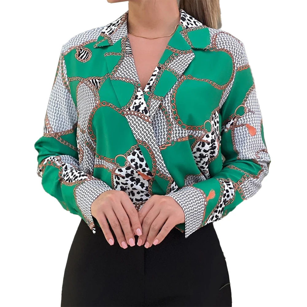 

Женская Офисная Рабочая блузка с принтом, рубашка с длинным рукавом и V-образным вырезом, топы, подходит для осени/весны/зимы, зеленый/оранжевый/розовый/черный
