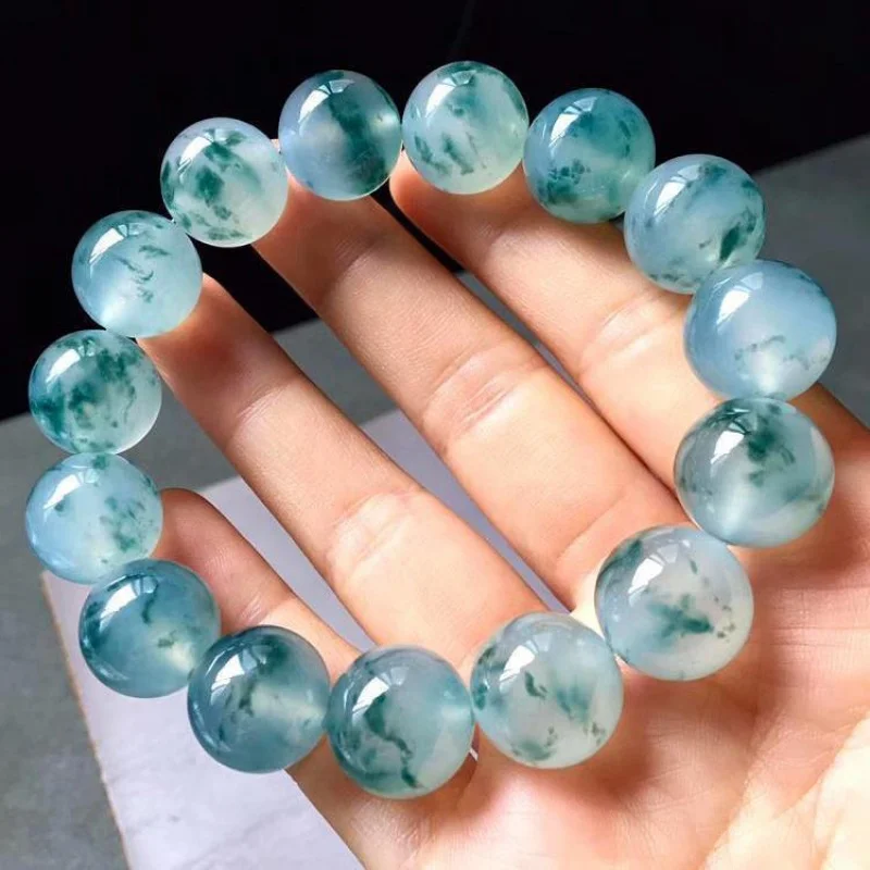 

Myanmar -like Floating Flowers round Beads Jade Blue Flower Ice Transparent Bracelet