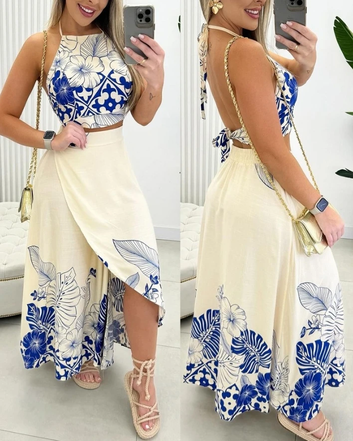 

Two Piece Set Women Outfit 2024 Summer Tropical Print Halter Tied Detail Backless Top & Casual Slit Maxi Vacation Skirt Set