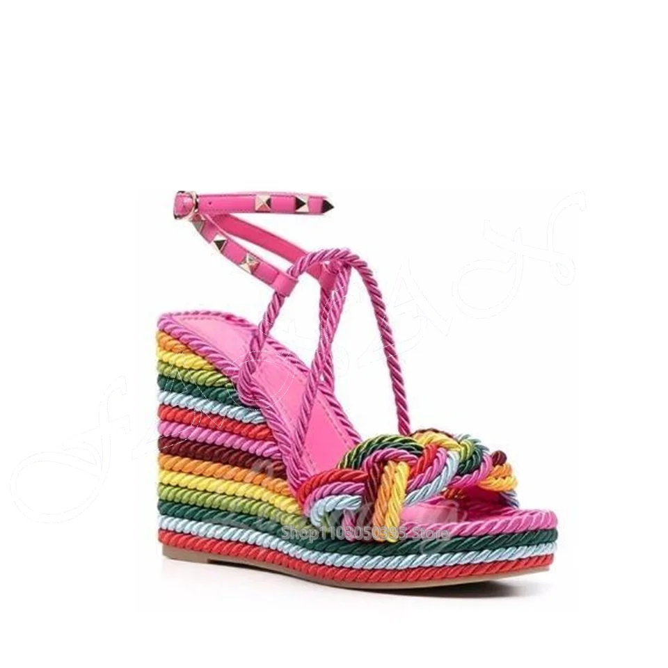 Pink Rivet Decor Weave Sandals Platform Ankle Buckle Wedges Shoes for Women Mixed Color High Heels 2023 Zapatos Para Mujere
Pink Rivet Decor Weave Sandals Platform Ankle Buckle Wedges Shoes for Women Mixed Color High Heels 2023 Zapatos Para Mujere