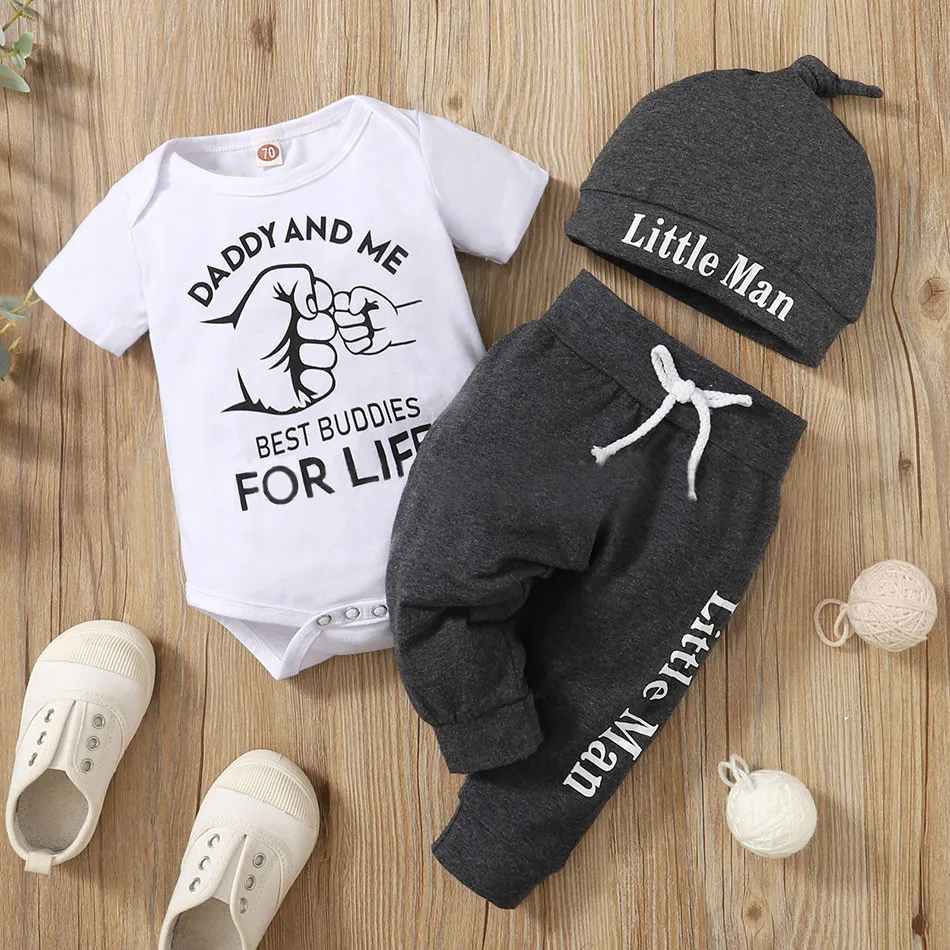 Baby Clothing short sleeved White Letter Print Baby Crawling Suit with Grey Hat and Long Pants 3-Piece Set Baby's Sets
Baby Clothing short sleeved White Letter Print Baby Crawling Suit with Grey Hat and Long Pants 3-Piece Set Baby's Sets