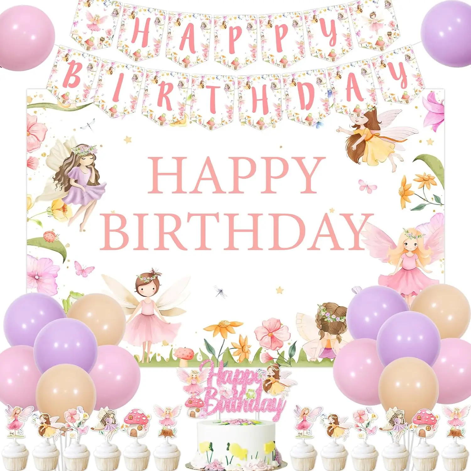 

Fairy Birthday Party Decor Garden Bday Party Supplies with Happy Birthday Backdrop Banner Balloons Cake Topper Birthday Decors