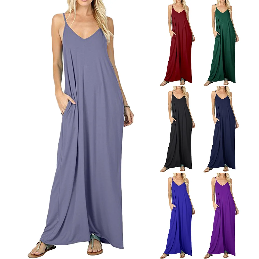 Summer Ladies Sexy Maxi Dresses with Pockets Femme Loose Sling Dress Sleeveless V-neck Vest Long Women Long Dresses Vestidos
Summer Ladies Sexy Maxi Dresses with Pockets Femme Loose Sling Dress Sleeveless V-neck Vest Long Women Long Dresses Vestidos