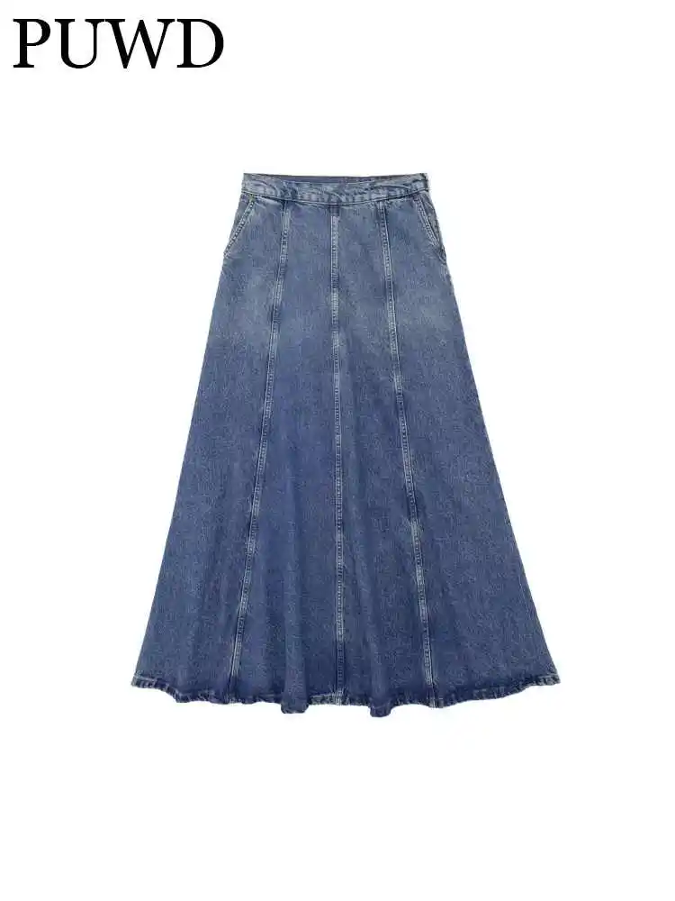 

PUWD Women Fashion Blue Denim Loose Tooling Skirts 2023 Summer Vintage High Waist Pocket Folds Female Bottoms Mujer