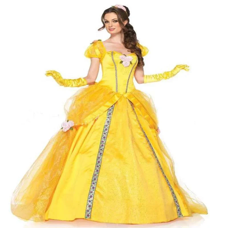 

Взрослый желтый костюм принцессы Белль из красавицы и чудовища косплей на Хэллоуин искусственный маскарадный костюм с колокольчиком королевской королевой Ролевой костюм