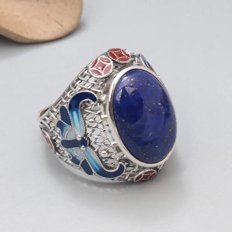 

Enamel Lapis Lazuli Oval ring For Men Women Retro Ethnic 925 Sterling Silver Hollow Wide Adjustable Finger Jewelry JZ099