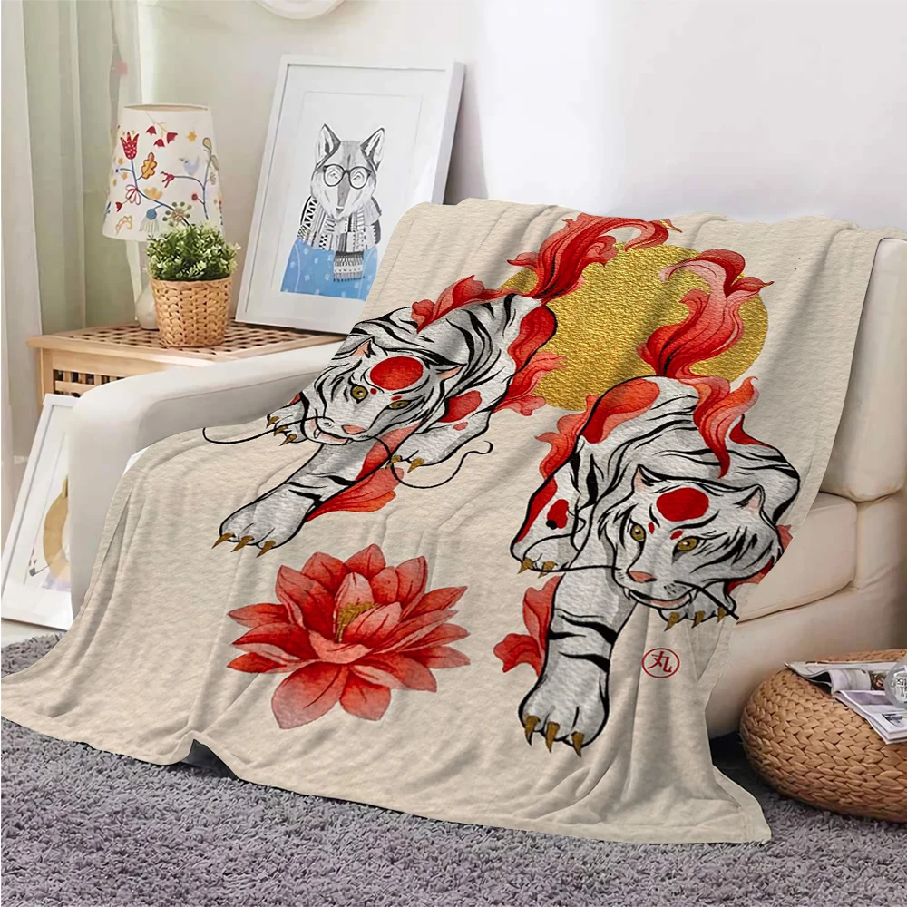 

Одеяло HX Ukiyoe в японском стиле, Фланелевое покрывало с 3D рисунком белого тигра, цветов, лотоса, плюшевое покрывало для кровати, 220x150 см