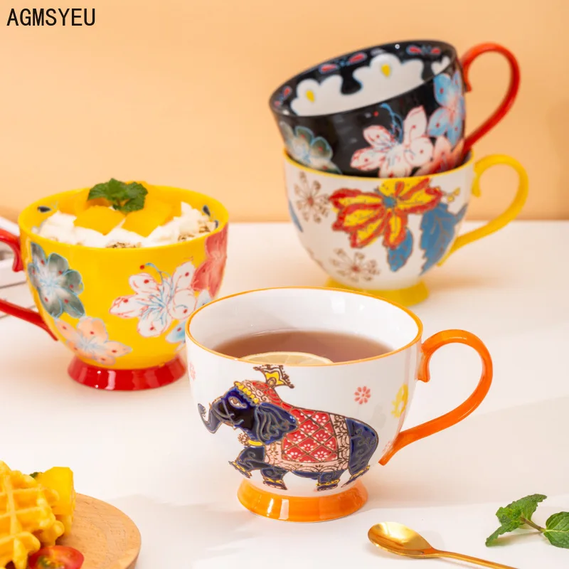 

Creative Underglaze Color Hand-painted Mug Ceramic Crafts Retro Embossed Breakfast Milk Cup Home Afternoon Tea Coffee Cup