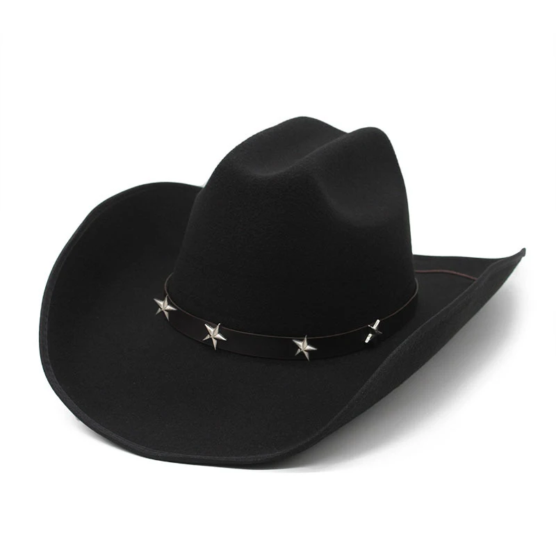 

Retro Stars Leather Belt Imitation Cashmere Women Men Large Wide Brim Yellowstone Cowboy Western Hat Cowgirl Cap (56-59cm)