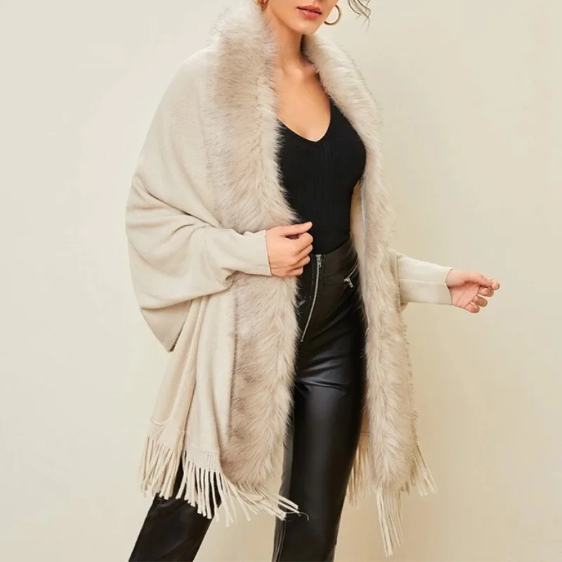 

Fur Collar Winter Shawls Knitted Fringe Sweater Ponchos Casual Fashion Houndstooth Cloak Elegant Batwing Sleeve Long Cardigan