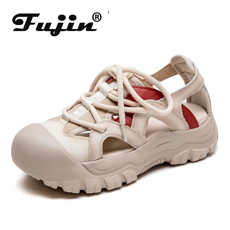 

Fujin 3.5cm Fashion Natural Platform Falts Chunky Sneakers Slip on Hollow Shoes Women Sandals Weave Genuine Leather Moccasins