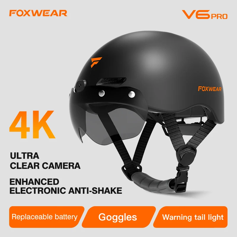 

Foxwear V6 Pro 4K Smart Helmet with Camera Warning Tail Light Safety Caps for Electric Bike Scooter Skateboard Men Women