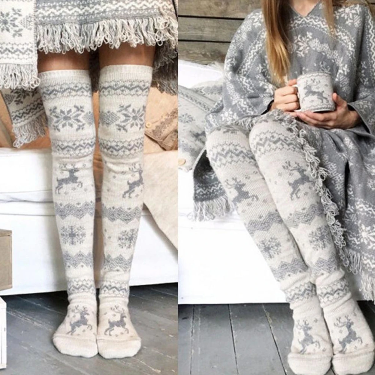 

Womens Warm Long Socks Christmas Patterned Pant Snowflake Reindeer Xmas Gifts