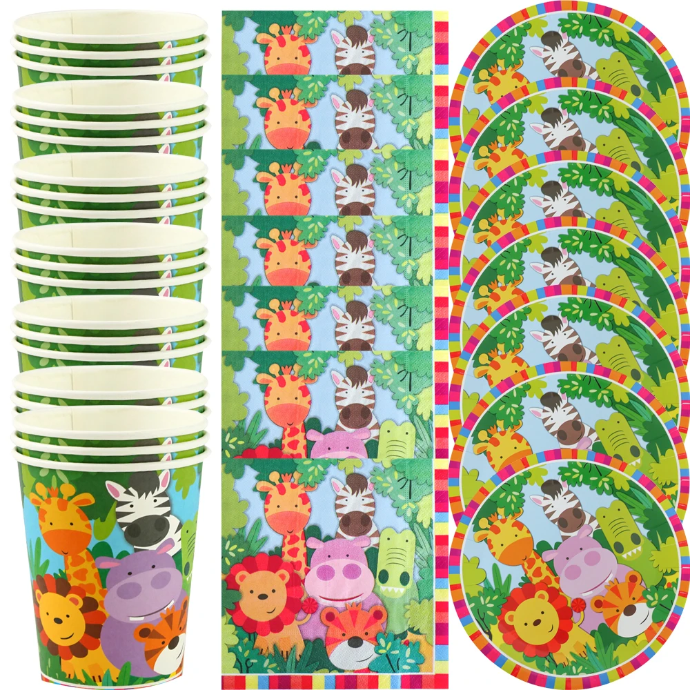 

60pcs/lot Jungle Animals Theme Kids Favors Cups Dishes Happy Birthday Party Baby Shower Plates Decorate Napkins Tableware Set