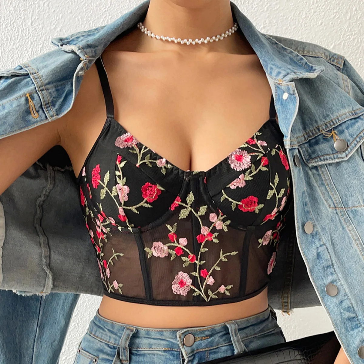

Embroidery Floral Bustier Mesh Black Crop Top with Buckle Halter Tank Tops Female Lingerie Corset Womens Slim Camisole Partyclub