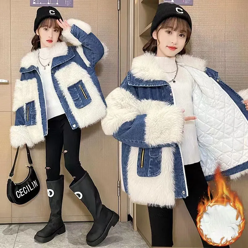 Fur Turn-donw Collar Denim Jackets Outerwear Warm Plus Cotton Outwear Coat Fashion Autumn Winter Clothes For Girls 3-14Years
Fur Turn-donw Collar Denim Jackets Outerwear Warm Plus Cotton Outwear Coat Fashion Autumn Winter Clothes For Girls 3-14Years