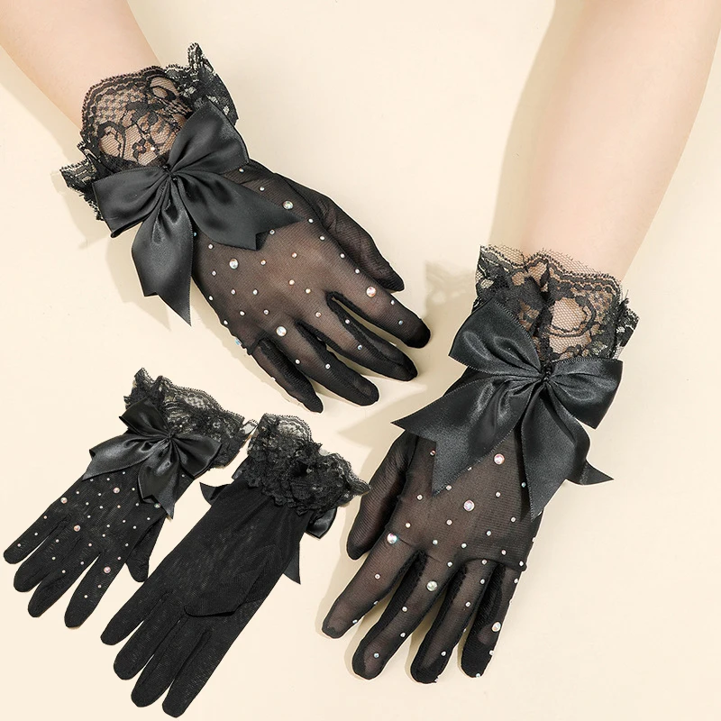 

1 Pairs Black Lace Gloves For Bridal Flash Crystal And Bow Decor Full Finger Gloves Women Exquisite Sunscreen Short Tulle Gloves