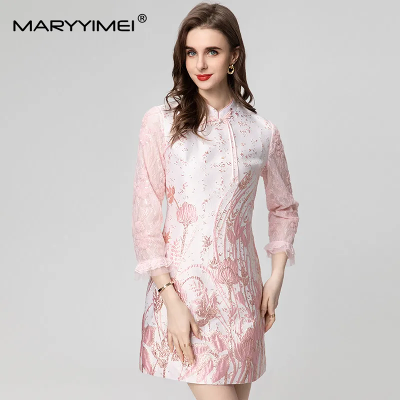 

MARYYIMEI Fashion Women's New Chinese-Style Bow Stand-Up Collar Petal Sleeved Jacquard Embroidered Mesh High-Waisted Mini Dress
